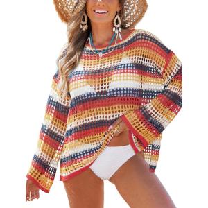 CUPSHE Women Crochet Cover Up Striped Swimwear Cutout Beach Coverup Top(Yellow Striped)