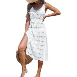 CUPSHE Women Crochet V-Neck Drawstring Cover-Up Dress Sleeveless V Neck Cover Up Summer(White)