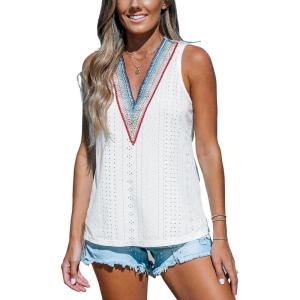 CUPSHE Women Eyelet Tops V Neck Embroidered Jersey Tank Lace Cutout Blouses Tee Sleeveless Shirt Casual(White)