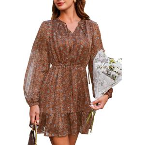 CUPSHE Women Fall Dresses Double Layer Glitter V Neck Ruffle Floral Puff Long Sleeve Elastic Waist Mini Dress(Brown)