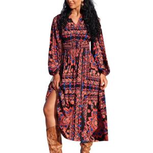 CUPSHE Women Fall Dresses Floral Long Sleeve V Neck Casual A Line Long Flowy Boho Smocked Maxi Dress(Black)