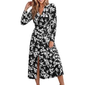 CUPSHE Women Fall Dresses Floral V Neck Tie Front Long Sleeve Flowy Casual Wrap Maxi Dress(Black)