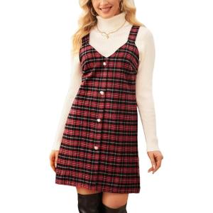 CUPSHE Women Fall Dresses for Women Plaid V Neck Sleeveless Wide Straps Holiday Pinafore Mini Overall Dress(Red)