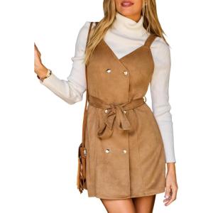 CUPSHE Women Fall Overall Dresses Faux Suede V Neck Button Down Belted Tie Pinafore Mini Dress(Brown)