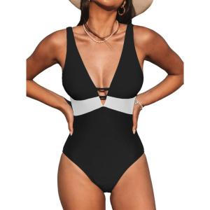 CUPSHE Women One Piece Swimsuit Bathing Suit Cutout V Neck Adjustable Straps Color Block O Ring(Black/White)