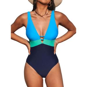 CUPSHE Women One Piece Swimsuit Bathing Suit Cutout V Neck Adjustable Straps Color Block O Ring(Blue/Green)