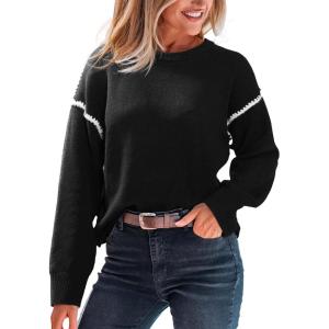 CUPSHE Women Oversized Sweater Drop Shoulder Contrast Long Sleeve Knit Top Casual Lightweight Pullover Fall Sweaters(Black)