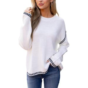 CUPSHE Women Oversized Sweater Drop Shoulder Contrast Long Sleeve Knit Top Casual Lightweight Pullover Fall Sweaters(White)