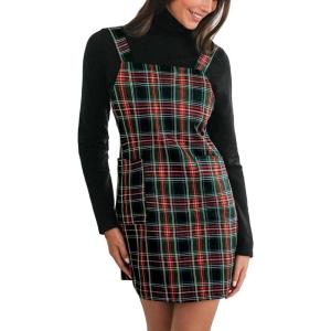 CUPSHE Women Plaid Fall Dresses Christmas Front Pocket Square Neck Wide Strap Button Back Overall Mini Dress(Red)