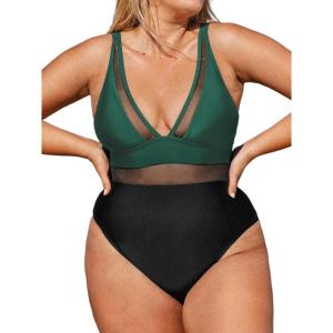 CUPSHE Women Plus Size One Piece Swimsuit V Neck Mesh Sheer Tummy Control Bathing Suit with Adjustable Wide Straps(Black/Green)