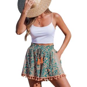 CUPSHE Women Smocked Wasit Swimsuit Cover Up Shorts Wide Leg Beach Shorts for Swimwear(Tropical Patterned)