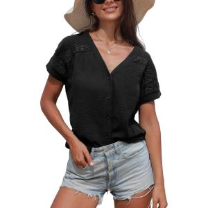 CUPSHE Women Summe Tops V Neck Blouses Short Sleeves Lace Shirt Button Front Tee Work Vacation Outfits(Black)