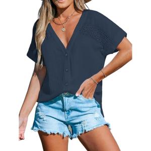 CUPSHE Women Summe Tops V Neck Blouses Short Sleeves Lace Shirt Button Front Tee Work Vacation Outfits(Blue)