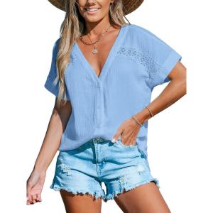 CUPSHE Women Summe Tops V Neck Blouses Short Sleeves Lace Shirt Button Front Tee Work Vacation Outfits(Light Blue)