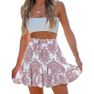 CUPSHE Women Summer Ethnic Print Drawstring Skirt Ruffled Hem A-line Mini Skirts Cute(White)