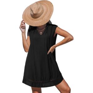 CUPSHE Women Swimsuit Cover Up Babydoll Sleevess Summer Mini Beach Dress Vacation Bathing Suit Coverups(Black)