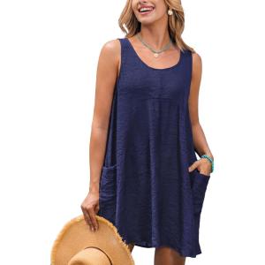 CUPSHE Women Swimsuit Cover Up Sleeveless Flowy Mini Beach Coverup Dress with Two Side Pockets(Navy Blue)