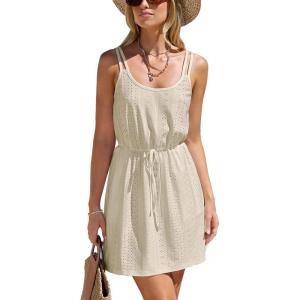 CUPSHE Women Swimsuit Cover Up Sleevess Spaghetti Straps Summer Mini Beach Dress Tie Waist Bathing Suit Coverups for Swimwear(Apricot)