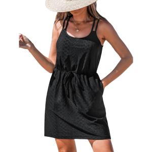 CUPSHE Women Swimsuit Cover Up Sleevess Spaghetti Straps Summer Mini Beach Dress Tie Waist Bathing Suit Coverups for Swimwear(Black)