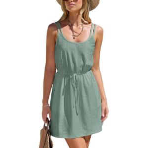 CUPSHE Women Swimsuit Cover Up Sleevess Spaghetti Straps Summer Mini Beach Dress Tie Waist Bathing Suit Coverups for Swimwear(Green)