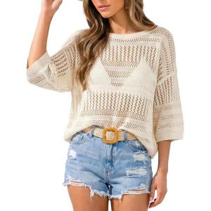 CUPSHE Women Swimsuit Cover Ups Crochet Hollow Out Half Sleeve Beach Coverup Tops(Cream)