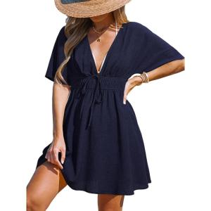 CUPSHE Women Swimsuit Cover Ups Plunge Neckline Elastic Short Sleeve Beach Coverup Dresses