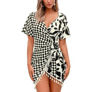 CUPSHE Women Swimsuit Cover Ups Short Sleeve Wrap Tie Front V Neck Vacation Beach Coverup Mini Dress(Tassel-black Leaf)