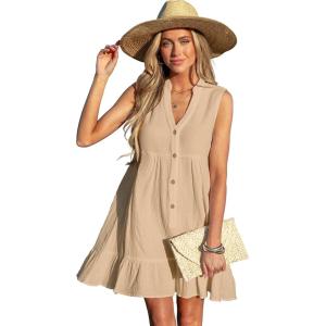 CUPSHE Women Swimsuit Coverup 100% Cotton Ruffle Hem Beach Cover Up Dresses(Beige)