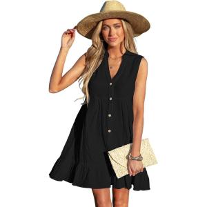 CUPSHE Women Swimsuit Coverup 100% Cotton Ruffle Hem Beach Cover Up Dresses(Black)