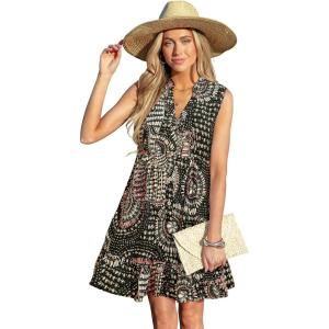 CUPSHE Women Swimsuit Coverup 100% Cotton Ruffle Hem Beach Cover Up Dresses(Black Patterned)