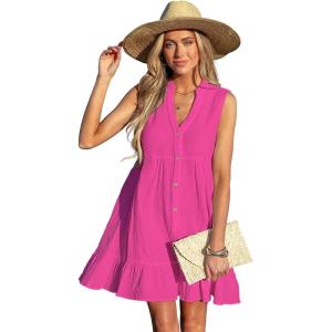 CUPSHE Women Swimsuit Coverup 100% Cotton Ruffle Hem Beach Cover Up Dresses(Hot Pink)