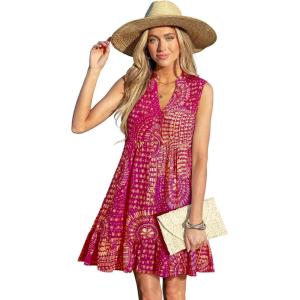 CUPSHE Women Swimsuit Coverup 100% Cotton Ruffle Hem Beach Cover Up Dresses(Hot Pink Patterned)
