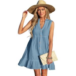 CUPSHE Women Swimsuit Coverup 100% Cotton Ruffle Hem Beach Cover Up Dresses(Lake Blue)