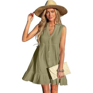 CUPSHE Women Swimsuit Coverup 100% Cotton Ruffle Hem Beach Cover Up Dresses(Olive Green)