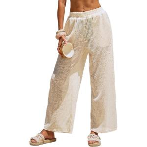 CUPSHE Women Swimsuit Coverup Pants Wide Leg Sheer Mesh Beach Pants with Side Pockets(Beige)