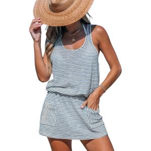 CUPSHE Women Swimsuit Coverup Racerback Sleeveless Beach Cover Ups Dress with Side Pockets(Blue Striped)