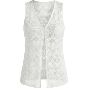 CUPSHE Women Swimsuit Coverup Tops Lace Open Front Sleeveless Button Beach Summer Outfits(White)