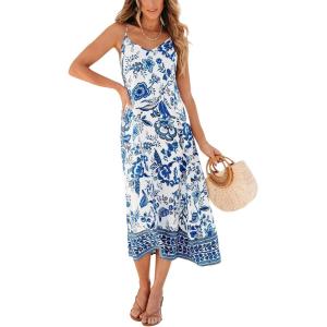 CUPSHE Women Swimsuit Coverup V Neck Sleeveless Maxi Summer Beach Dresses(Blue Floral)