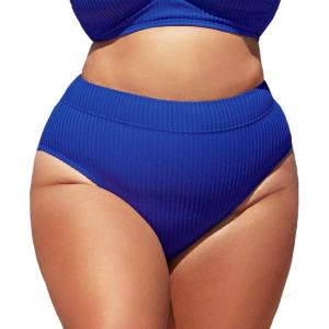 CUPSHE Women Swimsuit Plus Size Bikini Bottom High Waisted Ribbed Texture Modest Widen Band Bathing Suit(Royal Blue)