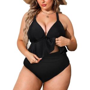 CUPSHE Women Swimsuit Plus Size Bikini Set Two Piece Bathing Suit V Neck High Waisted Flowy Ruffle Hem Floral(Solid Black)