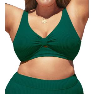 CUPSHE Women Swimsuit Plus Size Bikini Top Ribbed Texture Knotted Front Fixed Wide Straps No Bottom(Green)