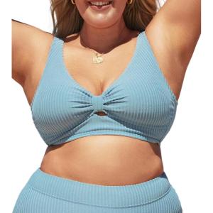 CUPSHE Women Swimsuit Plus Size Bikini Top Ribbed Texture Knotted Front Fixed Wide Straps No Bottom(Light Blue)