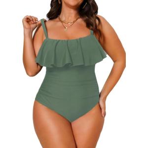CUPSHE Women Swimsuit Plus Size One Piece Bathing Suit Flowy Ruffle Trim Ruched Front Tummy Control(Olive Green)