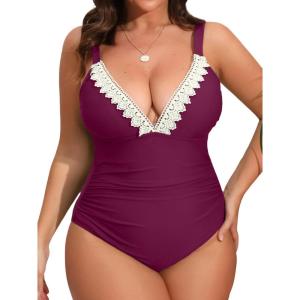 CUPSHE Women Swimsuit Plus Size One Piece Lace V Neck Ruched Front Tummy Control with Adjustable Wide Straps(Wine Red)