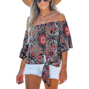 CUPSHE Women Tops Boho Off-Shoulder Neck Ruffle Sleeve Blouse Short Sleeve Tee Shirt Casual Summer(Black)