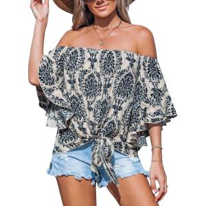 CUPSHE Women Tops Boho Off-Shoulder Neck Ruffle Sleeve Blouse Short Sleeve Tee Shirt Casual Summer(Blue)