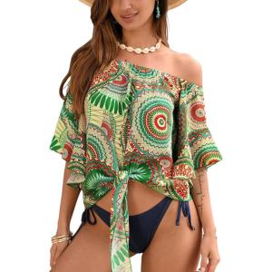 CUPSHE Women Tops Boho Off-Shoulder Neck Ruffle Sleeve Blouse Short Sleeve Tee Shirt Casual Summer(Mint)