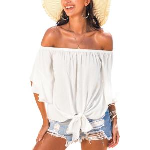 CUPSHE Women Tops Boho Off-Shoulder Neck Ruffle Sleeve Blouse Short Sleeve Tee Shirt Casual Summer(White)