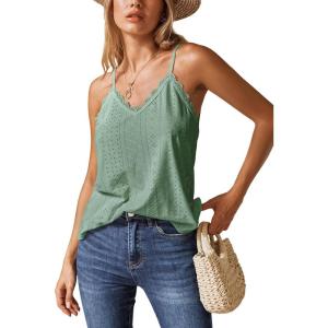 CUPSHE Women Tops Eyelet Jersey Cami Lace Shirt V Neck Sleeveless Tee Casual Dressy(Green)