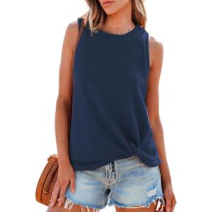 CUPSHE Women Tops Sleeveless Ribbed Twist Tank Top Crew Neck Shirt Casual Summer(Dark Blue)